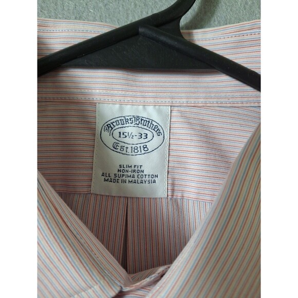 Brooks Brothers Dress Shirt Men 15.5 33 Button Up Pink Stripes Business Slim Fit - Picture 3 of 7